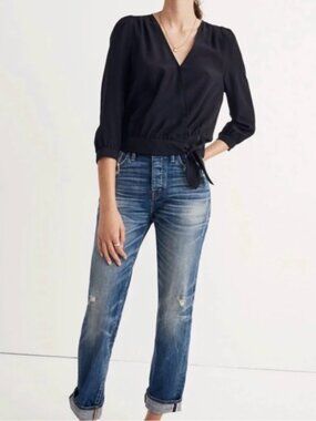 Madewell Silk Wrap Blouse with Tie Waist, Black, size Small